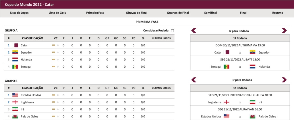 Tabela em excel da Copa do Mundo de 2023